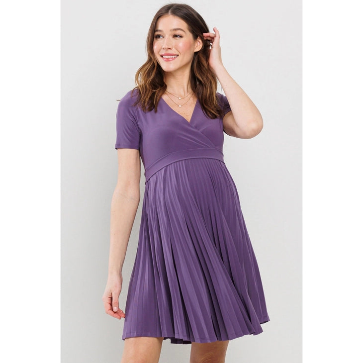 Hello Miz Pleated Short Sleeve Maternity Nursing Mini Dress